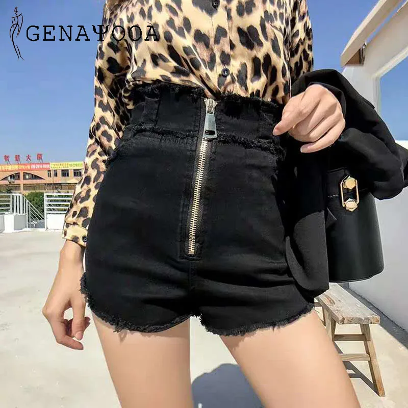 Шорты с высокой талией деним Push Up Тощий на молнии черный уличная джинсовые шорты