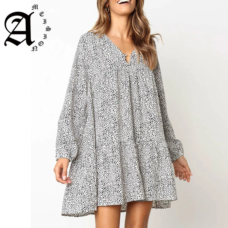 Ameision women Dress 2019 Spring Summer New Irregular Dot Print Mini Women Long Sleeve Casual Elegant Ladies Dresses | Женская одежда
