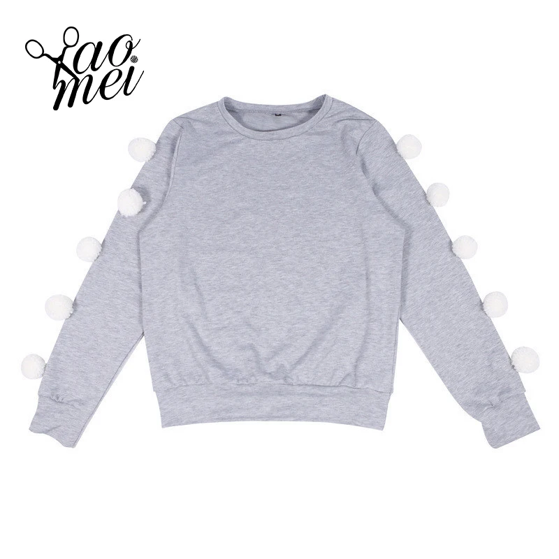 YaomeiSweatshirt Women 2017 Autumn Winter Long Sleeve Hoodies Cute Gray Pompon Pullovers Elegant Fleece Top Jumpers | Женская одежда