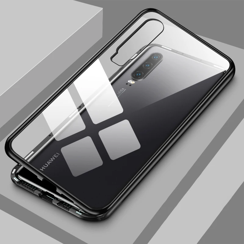 Black Магнитный металлический чехол для huawei P20 Lite P30 Pro P10 PLUS, чехол из закаленного стекла Nova 3i 3 4 4E 2i 2s P Smart Plus, чехол - Цвет: Black