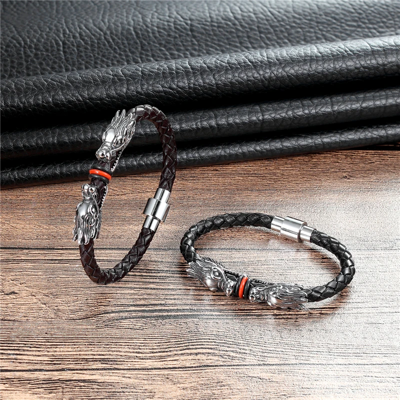Janeyacy new Fashion Leather Bracelet Men's Brave Stainless Steel Dragon Brand Hombres Pulsera | Украшения и аксессуары