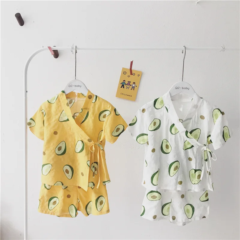 Japanese Style Cotton Baby Kimono Tracksuit Avocado Printed 2pcs/set Pants+tops Kids Boy Girls Clothing Set Child Infant Clothes | Детская
