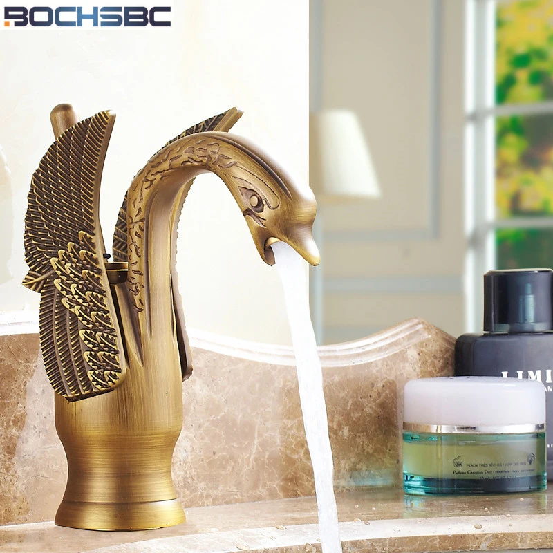 

BOCHSBC Bathroom Faucet Full Copper Water Tap Antique Swan Faucet Vintage Basin European Style Swan Bathroom Water Tap Faucet