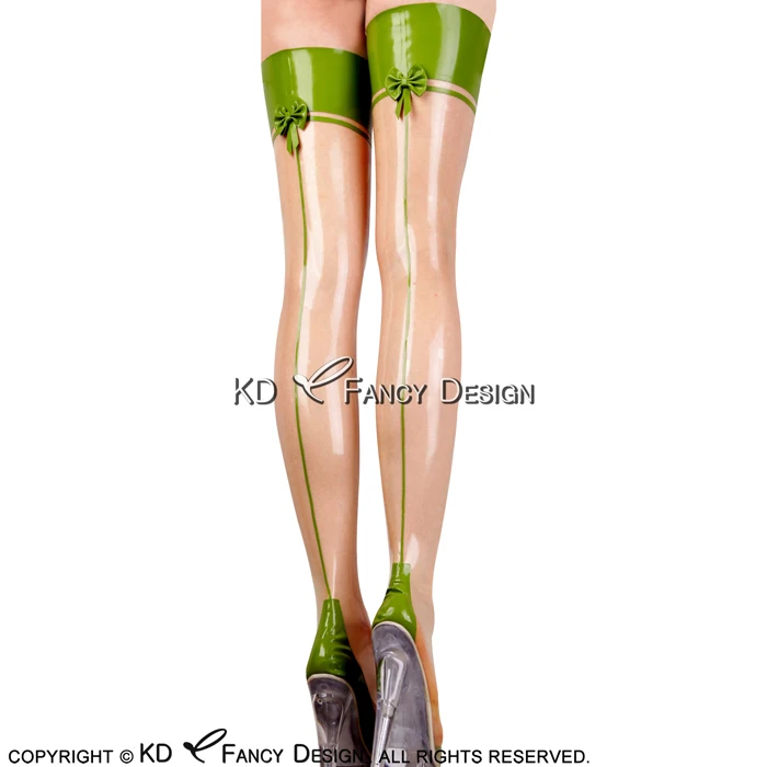 trans w apple green Прозрачные с зеленым яблоком сексуальные длинные латексные чулки с бантиками сзади Резиновые чулки до бедра WZ-0033 - Цвет: trans w apple green