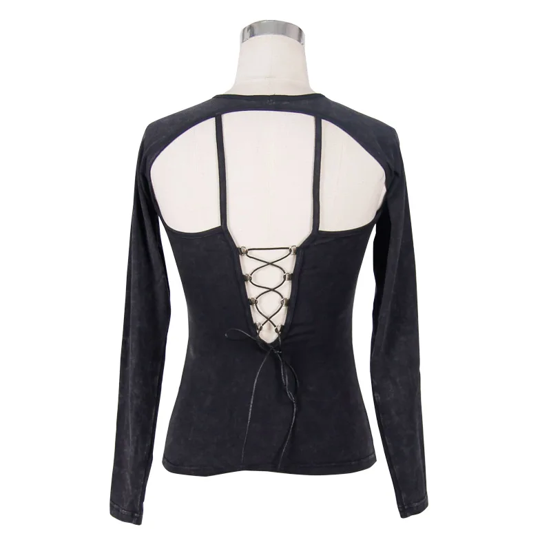 

Devil Fashion Punk Gothic Women Cotton Long Sleeve T-shirts Steampunk Sexy Backless Lace-up Tee Shirt Tops