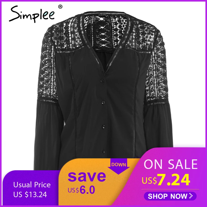 

Simplee Chiffon hollow out blouse shirt Women flare sleeve summer style white blouse Casual lace blouse tops tees blusas 2018
