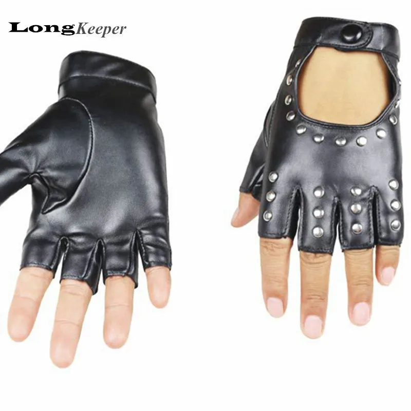 Longkeader, новинка, женские перчатки, на половину пальца, с заклепками, из искусственной кожи, перчатки для танцев, сексуальные, с вырезами, без пальцев, варежки, черные, Luvas A221