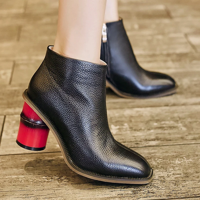 

Genuine Leather Footwear 2019 Autumn Arrival Ankle Boots Rubber Riding Feminine Shoes Women's High Heels Booties Round Heels