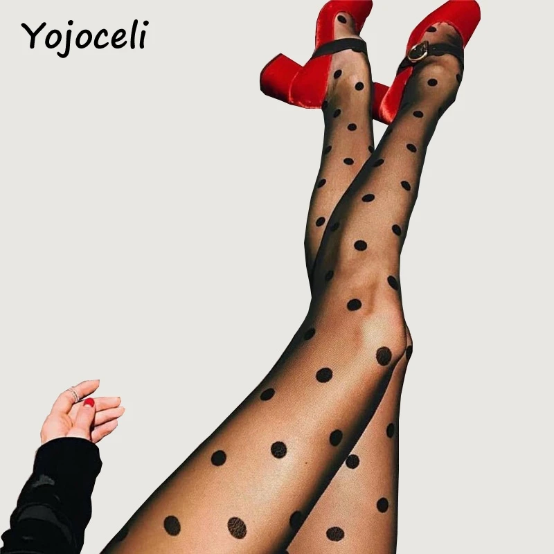 Женские чулки в черный горошек Yojoceli черные сетчатые колготки облегающие для