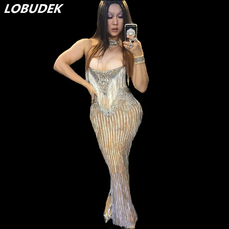 Женское длинное сценическое платье с блестящими кристаллами|wear white|dresses sexy dresslong