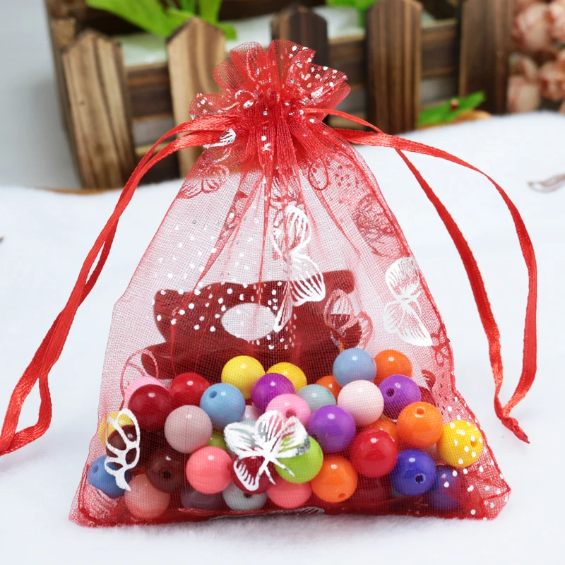 

200pcs/lot 7x9cm Red Butterfly Organza Bag Small Wedding Decoration Drawstring Gift Bag Pouches Cute Jewelry Packaging Bags
