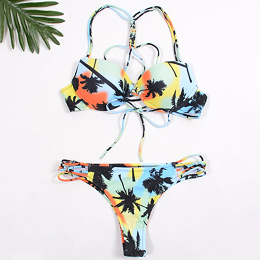 women's swimming suit push up swimsuit bikini Women Lace Up Printed Padded Push-up Bathing Suit Bikini Set Swimwear Swimsuit C4 | Спорт и