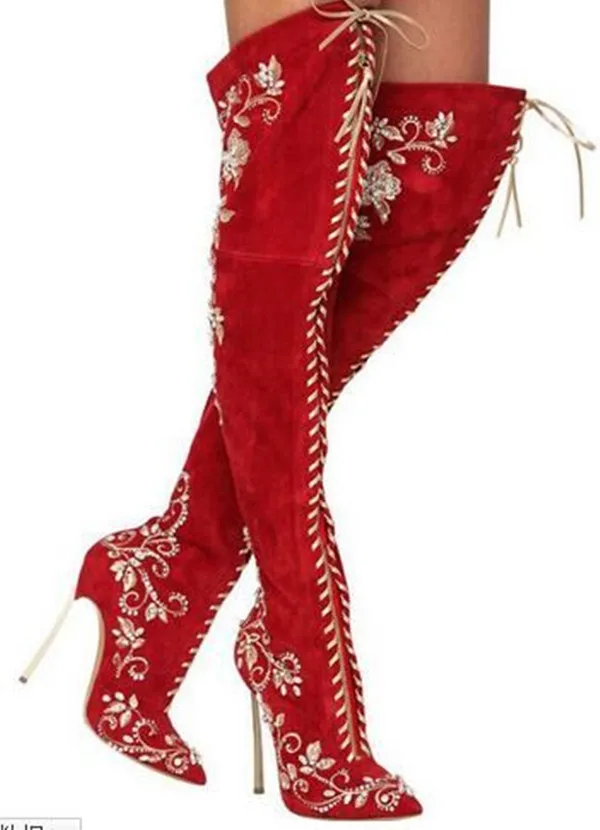 Пикантные замшевые ботфорты Beyonce красного цвета высокие сапоги до бедра на