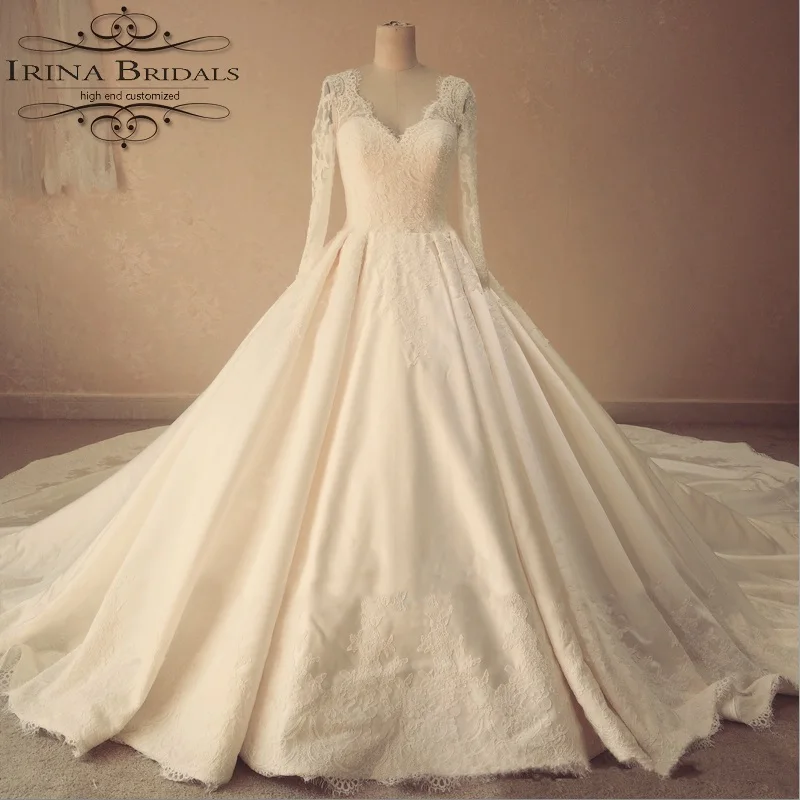 Vestido de noiva манга длинный рукав кружева аппликация v-образным вырезом атласное