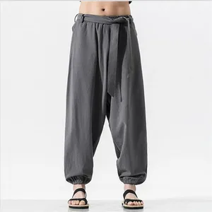 Хлопковые льняные мужские длинные брюки, повседневные свободные однотонные широкие брюки, 9 цветов, штаны на бретелях с карманами, большие размеры 6XL 7XL