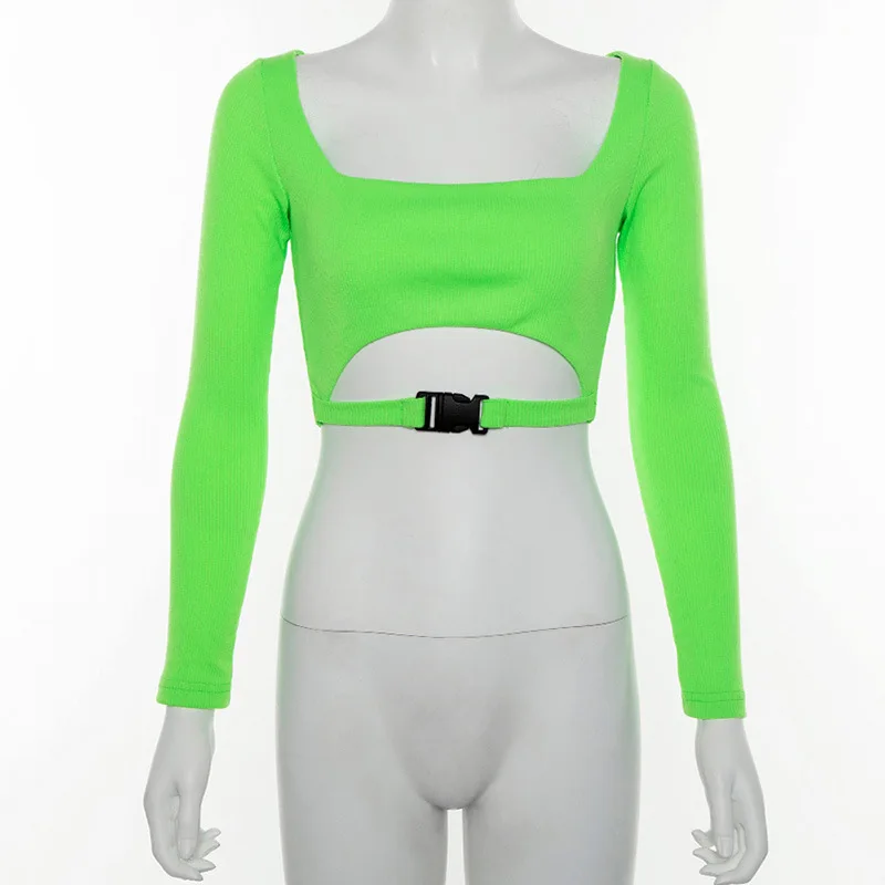 Ladies Knitted Buckle T-shirt Long Sleeve Neon Green Top Shirt Fashion 2019 Summer Autumn Women Sexy Square Neck Crop Femme | Женская