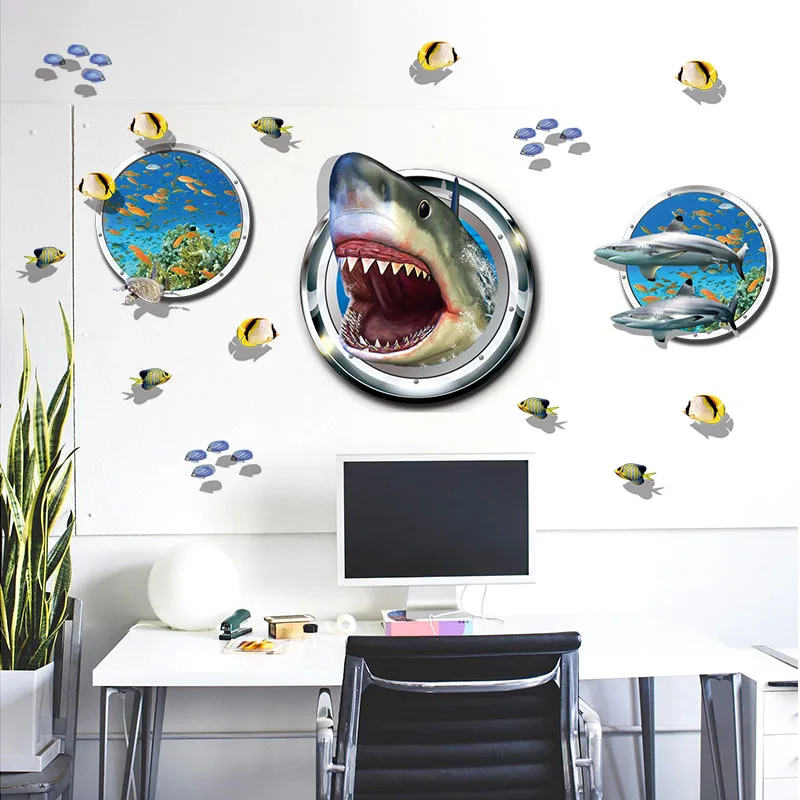 [Fundecor] Новый дизайн подводный мир окно голова акулы Животные наклейки на стену