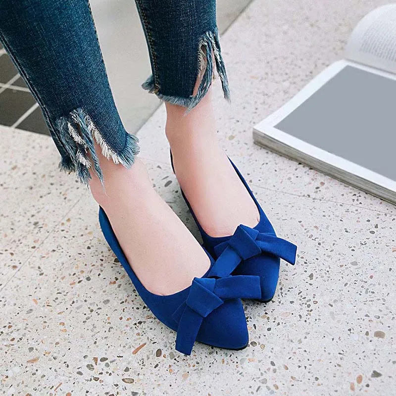 Women Flats Flock Shallow Slip on Cute Bow Woman Ballet Ballerina Female Flat Shoes Pointy Scrub Boat Plus Size 45 | Обувь