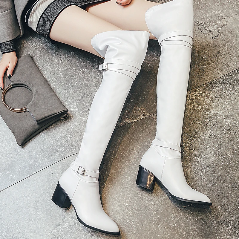 Женские ботфорты без застежки высокие сапоги до бедра на толстом каблуке с