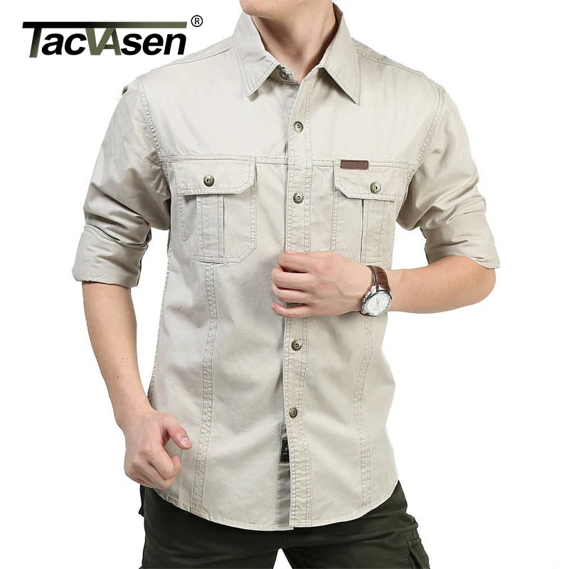 TACVASEN Men Cargo Shirts Summer Long Sleeve Cotton Work Shirts Military Army Tactical Shirts Solid Loose Man Clothing Plus Size