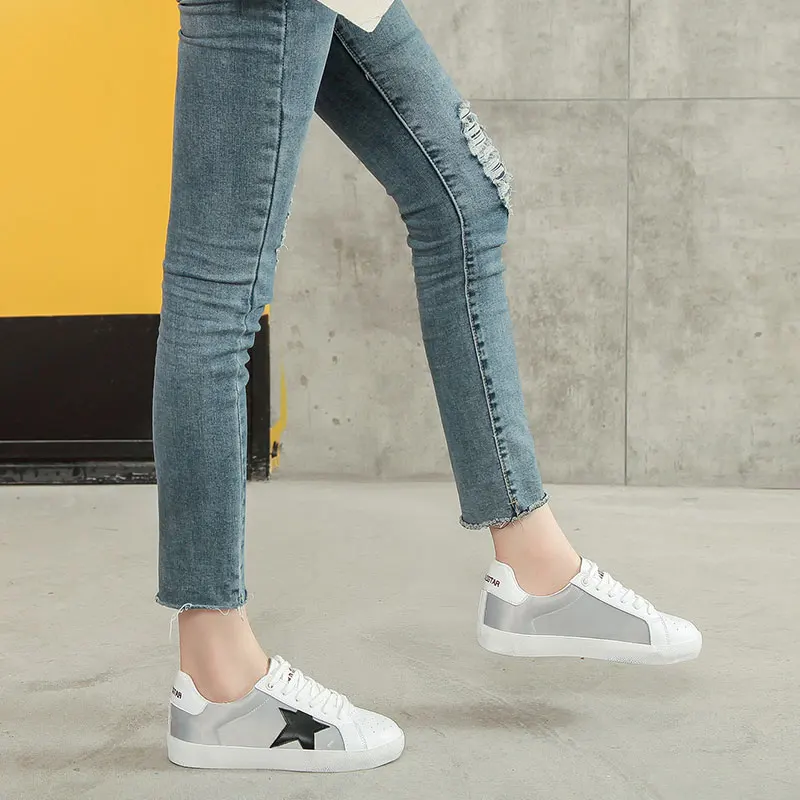 Натуральная кожа звезда обувь на платформе Женская плоской подошве Модные