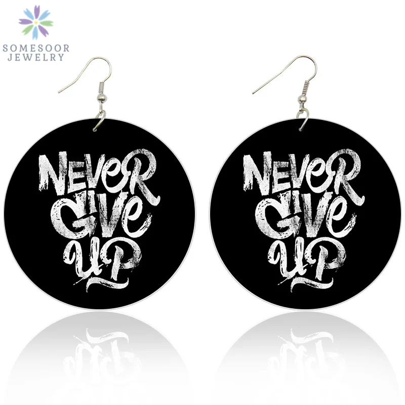

SOMESOOR Both Sides Printing Black Powerful Words African Wooden Drop Earrings Never Give Up Afro Wood Dangle Jewelry For Women