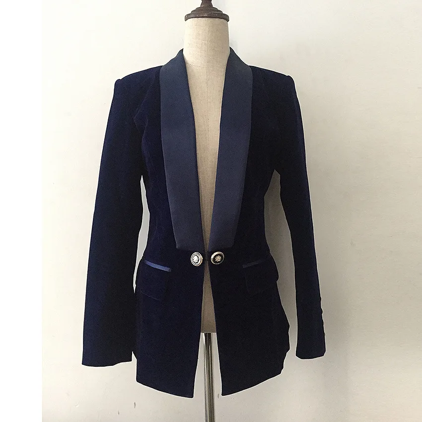 Women elegant satin collar patchwork velvet blazers one button sexy party blazer outerwear new 2018 autumn blue black