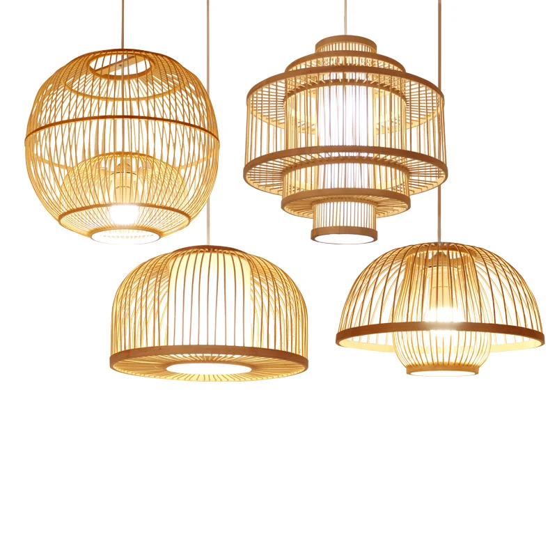 Китайская Подвесная лампа из бамбукового плетения арт светильник в виде птичьей