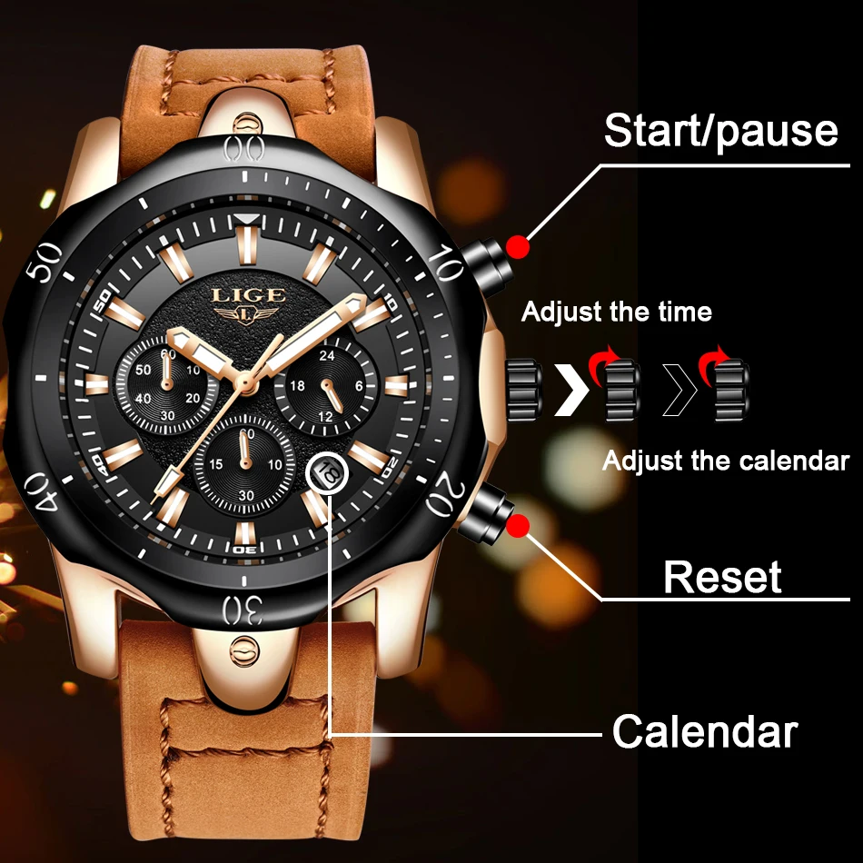 Relojes Hombre новые LIGE кварцевые наручные мужские часы с большим циферблатом золотые черные мужские часы с кожаным ремешком дикие спортивные водонепроницаемые хронограф