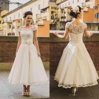 2021 1950s vintage ankle length wedding dresses cap sleeve jewel neck flower belt a line lace short bridal gowns custom made