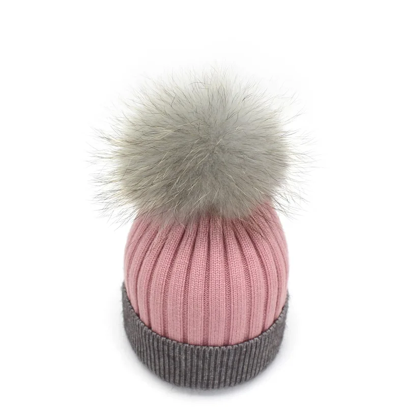 Ditpossible на осень-зиму шапочки Hat Мягкие трикотажные Gorro Шерсть Skullies Повседневная Кепка с воротником из натурального меха енота помпоном шляпы для женщин