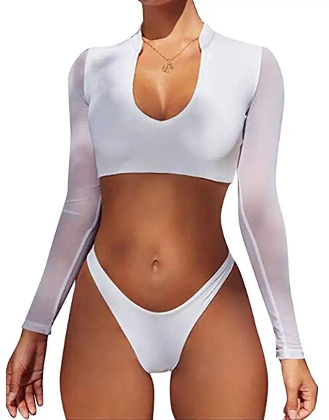 White swimsuit MUOLUX, стринги, купальник в африканском стиле, принт, бандаж, размера плюс, Женский танкини, длинный рукав, бикини, набор, высокая талия, купальник - Цвет: White swimsuit