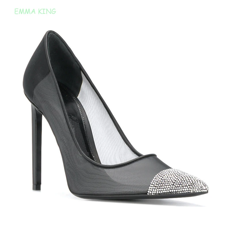 Прозрачные сетчатые кружевные туфли zapatos mujer Tacon с острым носком и кристаллами