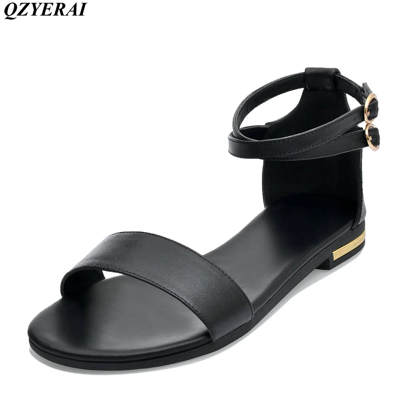 Босоножки женские из воловьей кожи черные белые на низком каблуке|low heel sandals|women