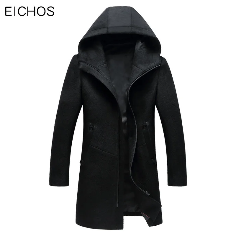 Мужское длинное пальто EICHOS с капюшоном на молнии 2019|pea coat jacket|mens hooded wool coatzipper pea |