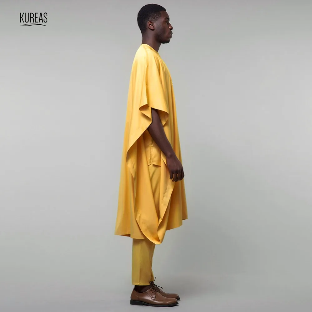 Kureas Африканский Agbada традиционный Мужской комплект из 3 предметов с короткими рукавами Дашики костюм желтый Бубу африканская Роба формальный наряд