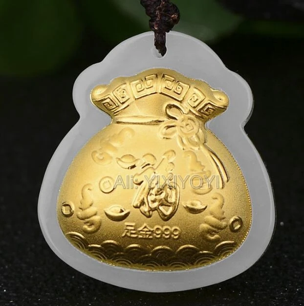 

Beautiful Natural White Hetian Jade + 18K Solid Gold Inlaid Chinese Fu Money Bag Lucky Pendant + Free Necklace Fine Jewelry