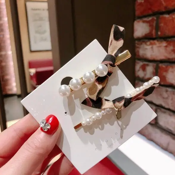 Korea Fashion Imitiation Pearl Crystal Hair Clips Leopard Bowknot Hairpins Accessories for Women Barrettes | Украшения и