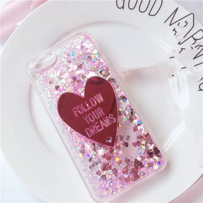Luxury pink Heart Glitter Liquid Phone Case for IPhone 7 7plus 6 6plus 5s case Bling Ice Cream Tpu Back Cover lanyard |