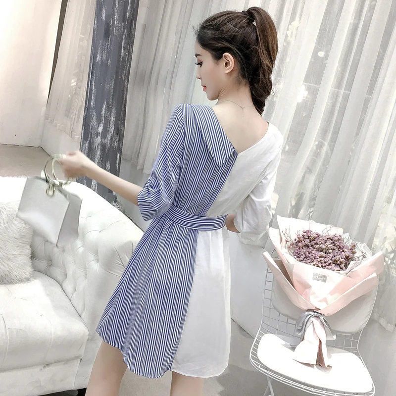 

2019 New Fashion Women's Dresses Plus Size XL V-Neck Half Sleeves Buttons Striped Patchwork Sashes Irregular Hem Shirt Dress