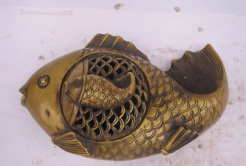 Китайская народная фэншуй Классическая Бронзовая медная рыба карп Курильница 0518