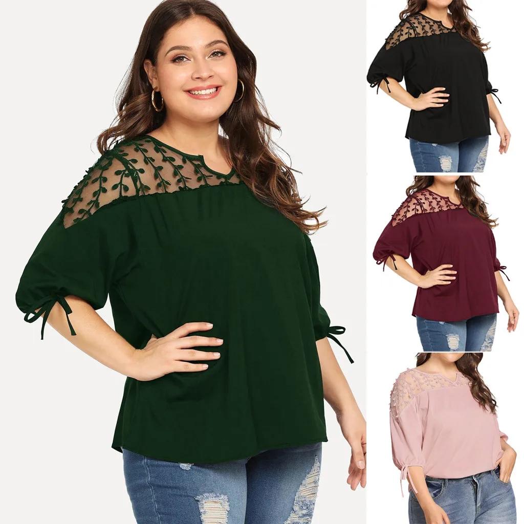 

Fashion Women Plue Size Chiffon Lace Patchwork Tops Ladies Female Solid Ribbons Lantern Half Sleeve Mesh Perspective Blouse