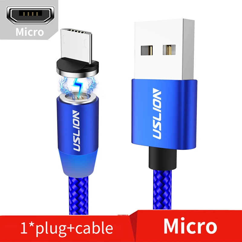 Blue For Micro USLION, магнитное зарядное устройство, быстрая зарядка, магнит, USB, микро кабель, 3А, Тип C, кабель type-C, светодиодный, в нейлоновой оплетке, для Iphone 7, XS, XR, samsung - Цвет: Blue For Micro