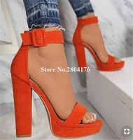 hottest women fashion open toe suede leather high platform chunky heel sandals orange pink red thick high heel sandals heels