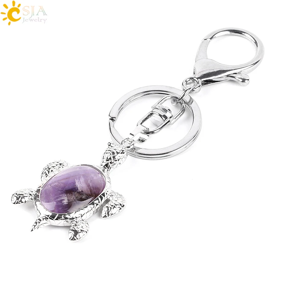 Amethyst CSJA натуральный кристалл камень Черепаха подвеска автомобиля Брелки для женщин мужчин сумка декоративные брелоки Пряжка держатель Рождественский подарок E814 - Цвет: Amethyst