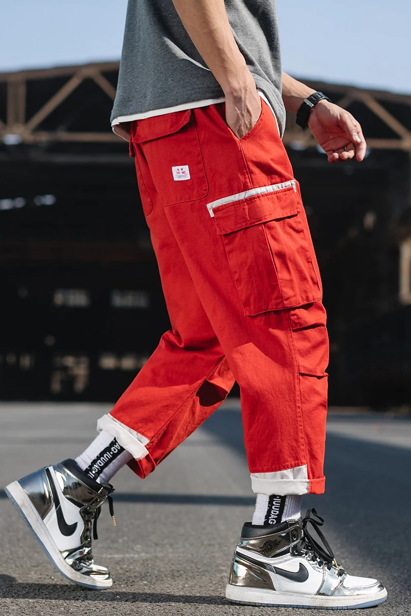 

Spring Streetwear Men Casual Loose Trousers Side Pocket Orange Cargo Harem Track Pants Harajuku Male Long Joggers Pants