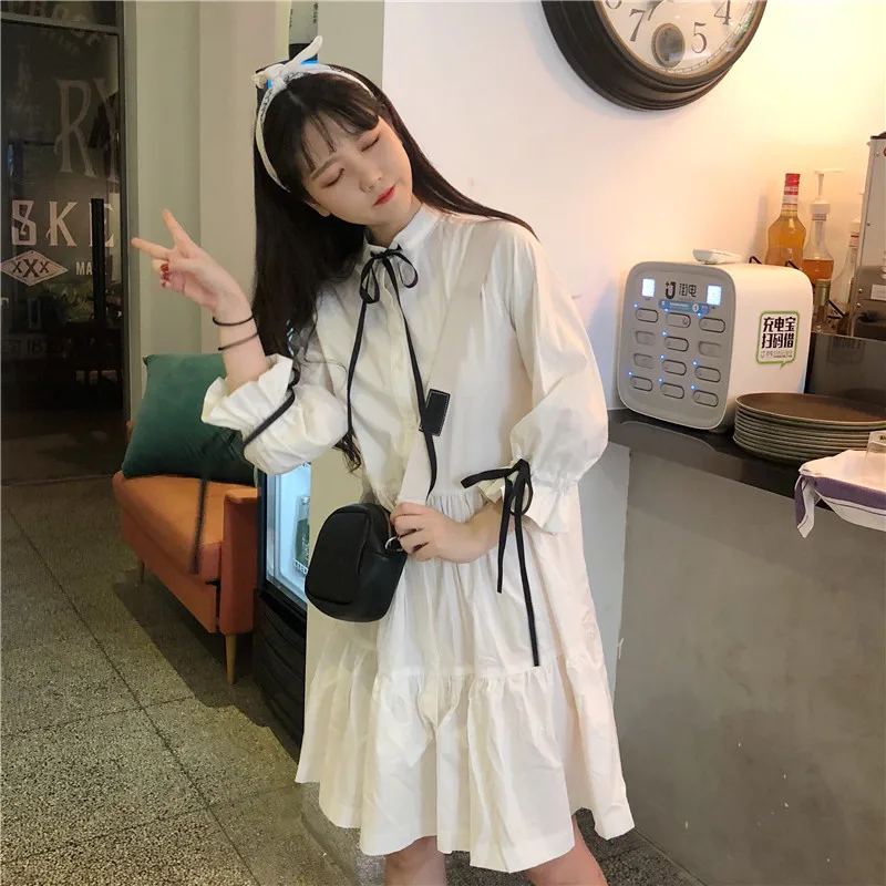 Осеннее японское женское белое платье Harajuku хлопковое Бандажное Повседневное в