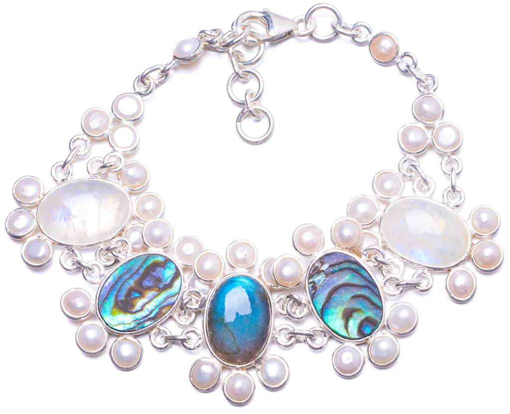 Лабрадорит ушка Shell лунный камень и речной жемчуг 925 пробы серебряный браслет 7 1/4-8