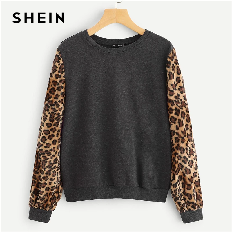 SHEIN Модный женский серый пуловер с круглым вырезом и длинным рукавом с цветными блоками и леопардовым принтом Осенние повседневные женские толстовки