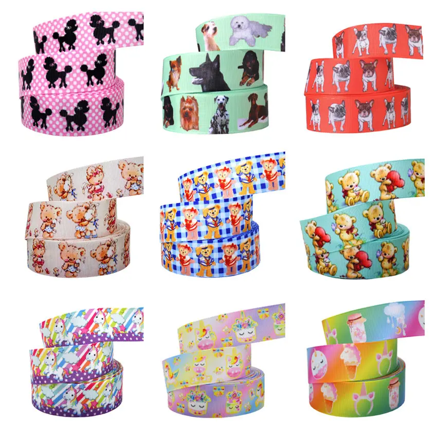 1 inch 25mm Printed Cartoon Grosgrain Ribbon 10yards Dog Bear Unicorn Animal Gift Decoration accessories